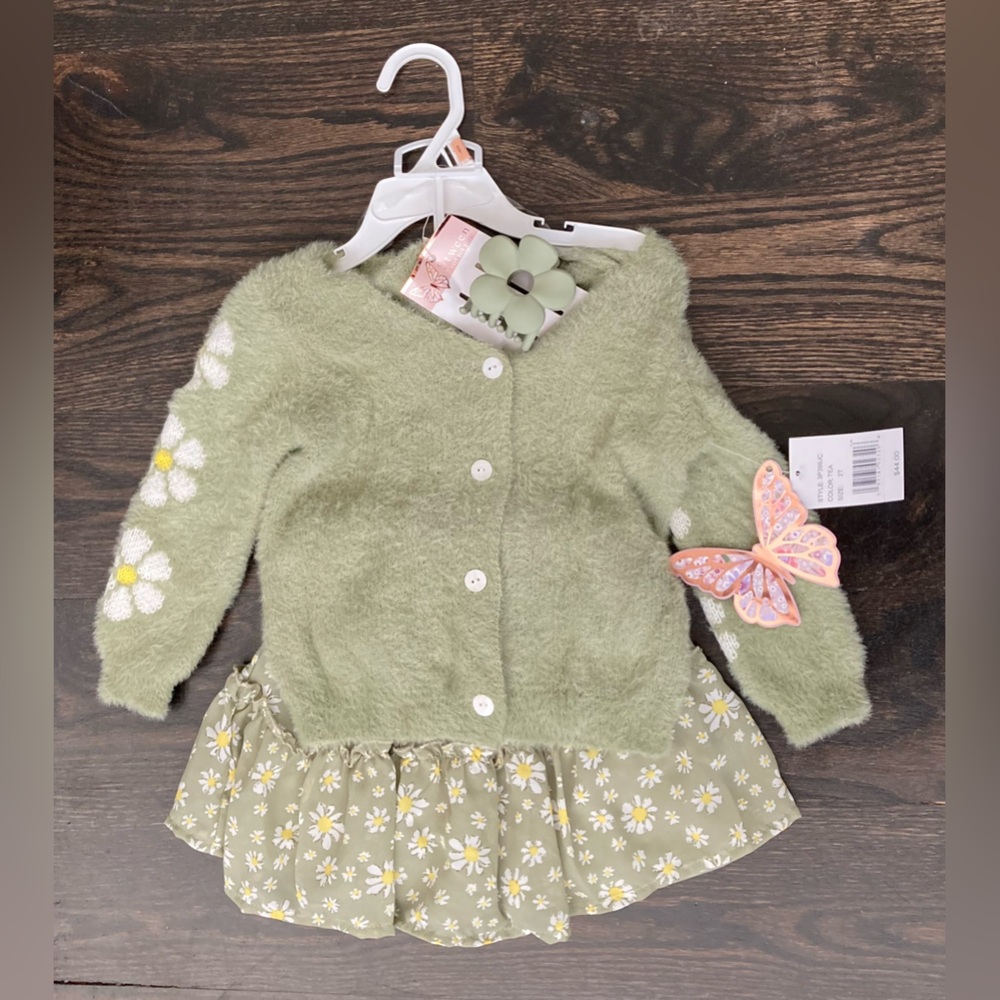 Girls Sage Green Daisy Floral Sweater & Skirt 3-Piece Set Size 2T